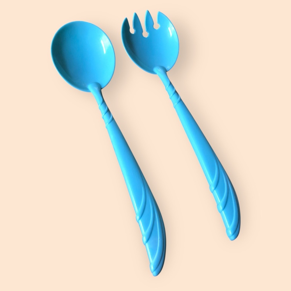 Vintage Mid Century Plastic Kitchen Serving Spoons Salad Spoons Pastel Mint Blue